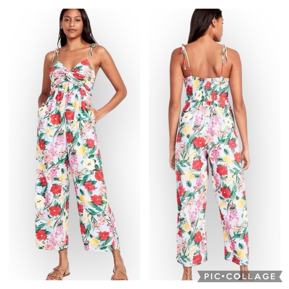 Old Navy Floral Jumpsuit linen Blend Smocked Casual‎ Summer Red Yellow L New